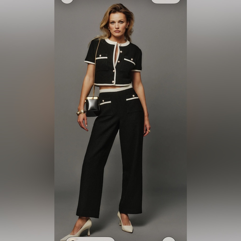 Reformation Black Cropped Tweed Ankle Pants Cream Trim